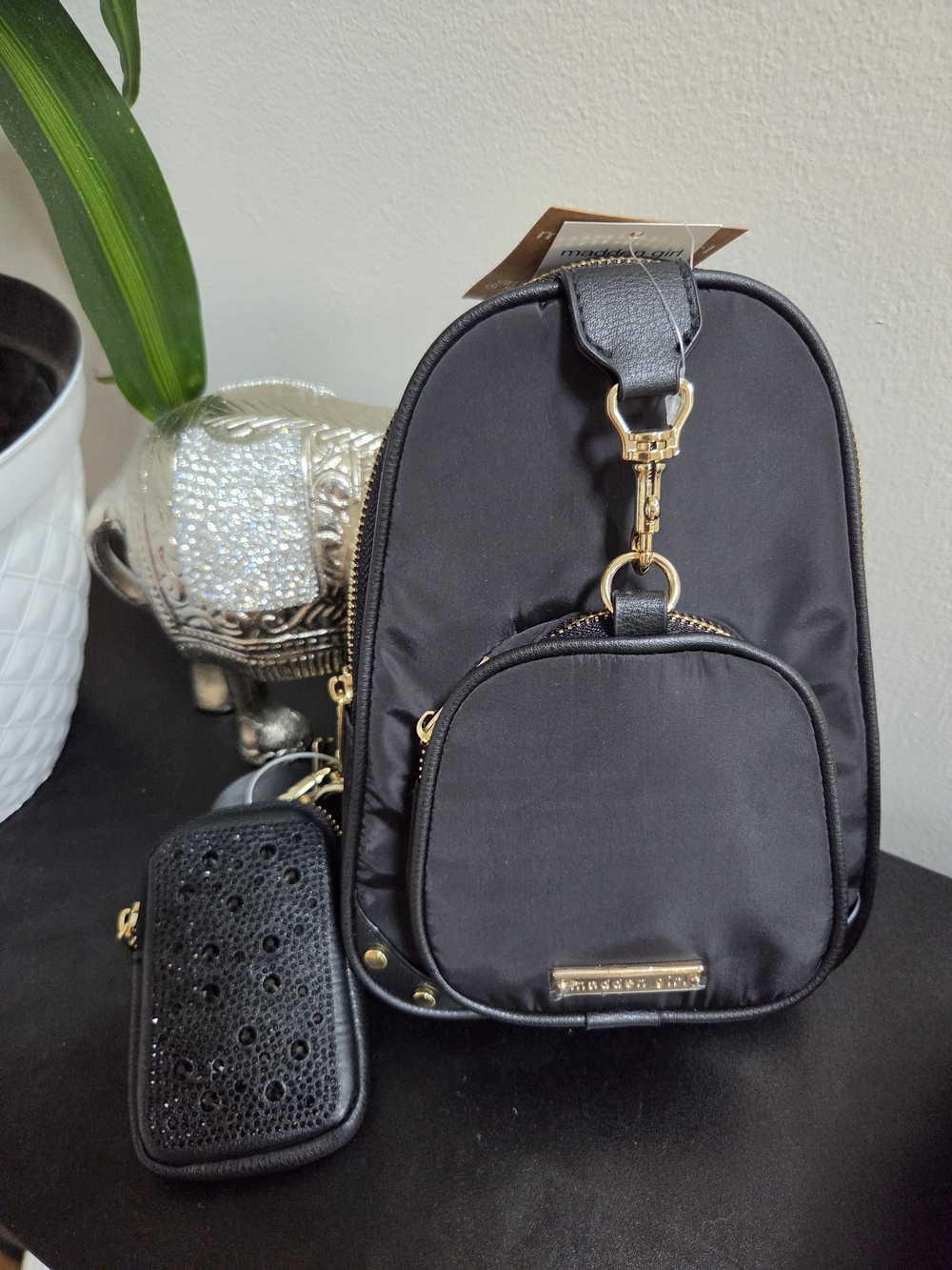 Madden Girl Black Mini Sling Crossbody Bag with Gold Accents & Mini Pouch